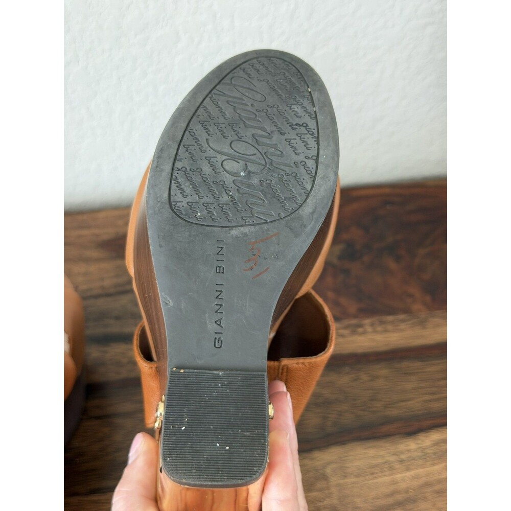 Gianni Bini Brown Orange Leather Wooden Wedge Gold Plated Platform Sandal 8.5 - Picture 5 of 7